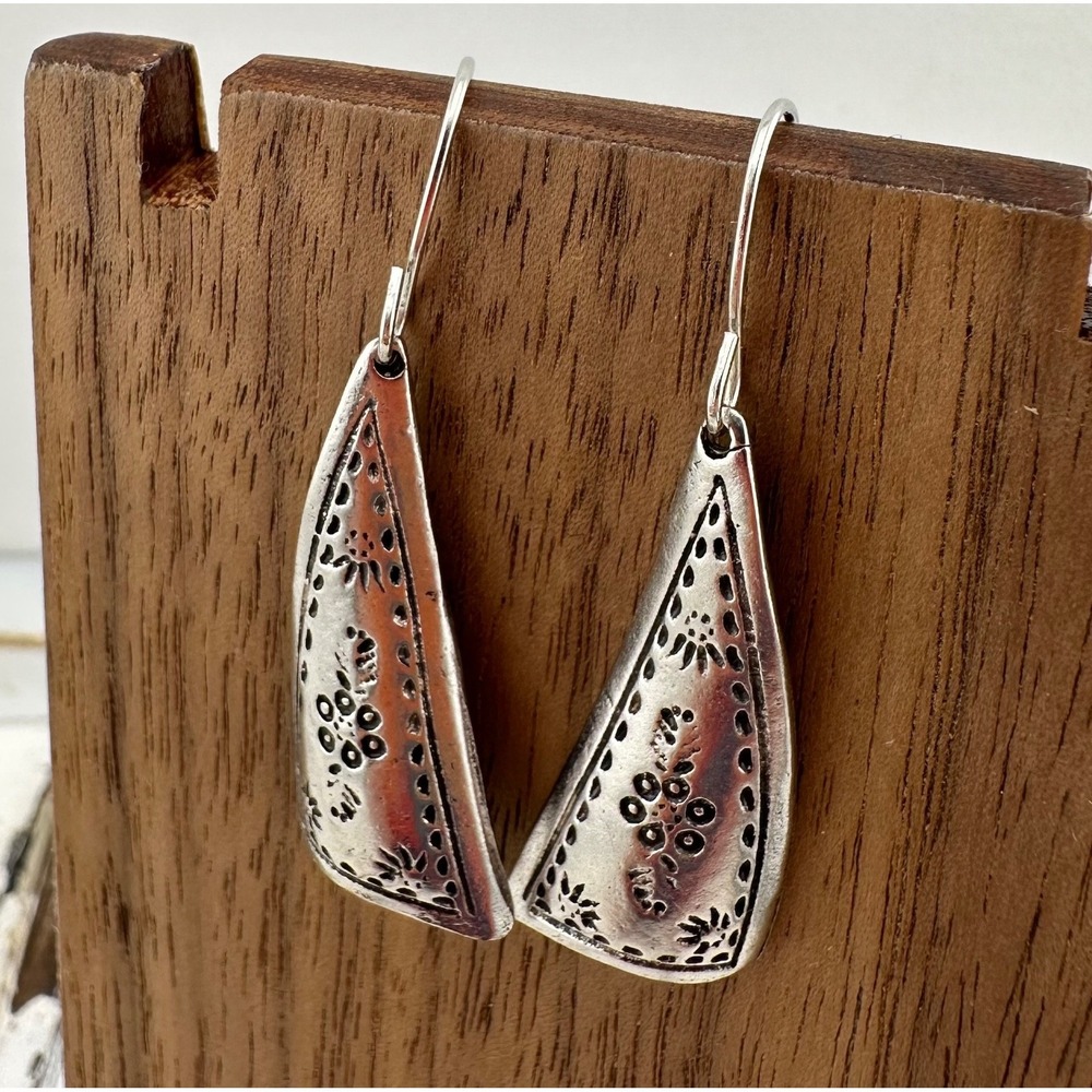 Stamped Curved Sail Silver Tone Earrings
